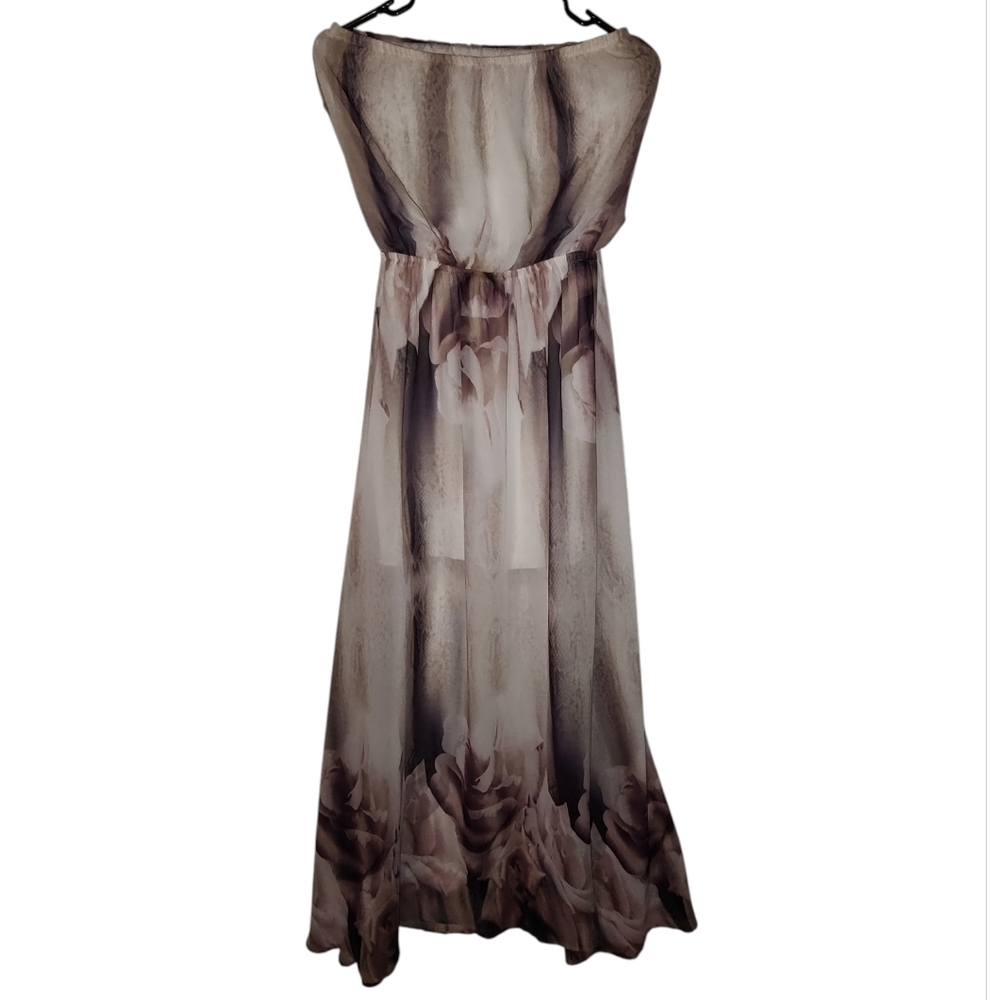 Anthropologie fab'rik Cream And Plum Floral Strapless Chiffon Maxi Dress - Picture 4 of 4